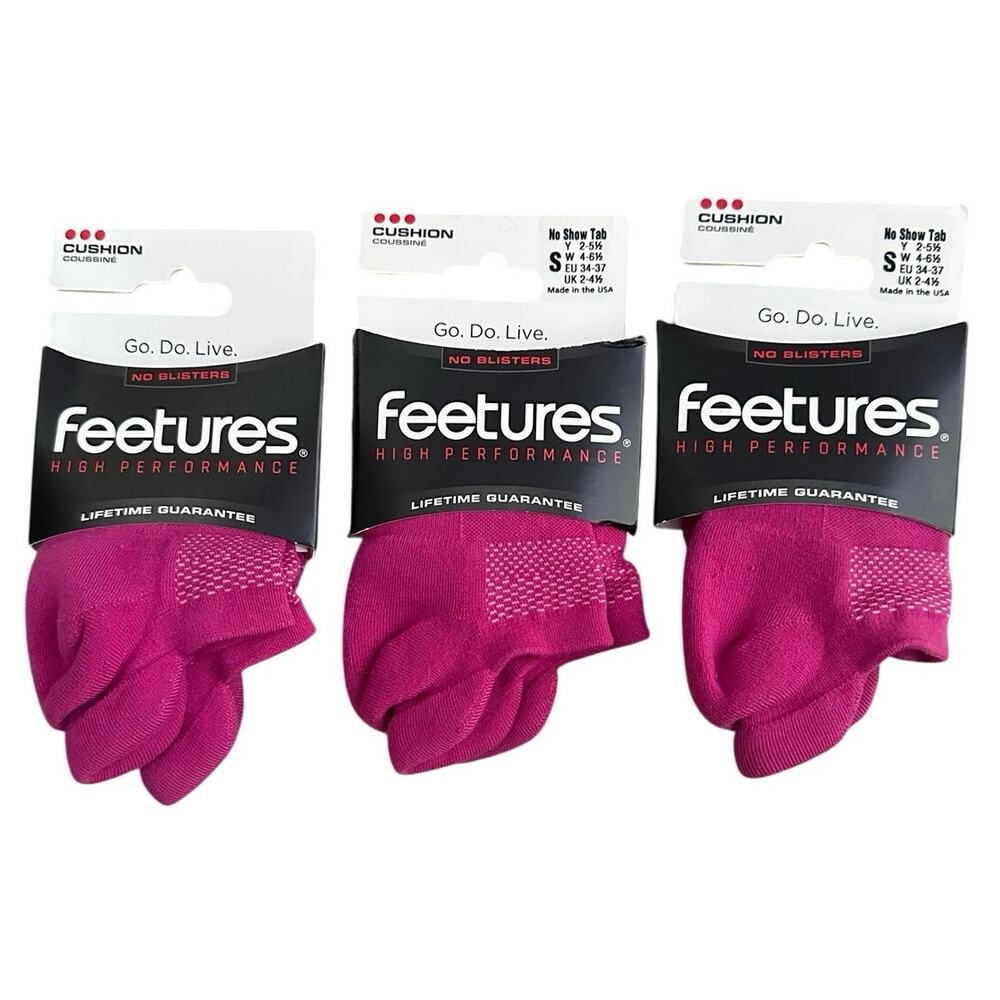 NEW Lot 3 Feetures High Performance Cushion No Show Tab Socks Small Grape